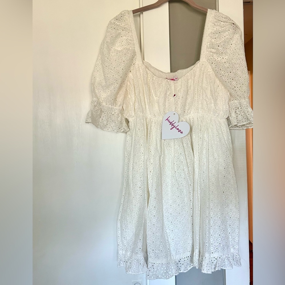 NWT Buddy Love Valentina White Eyelet Mini Dress with Puff Sleeves- Size L - Picture 4 of 8